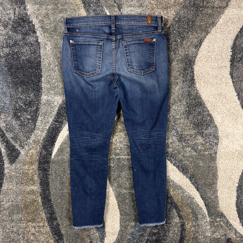 7 For All Mankind The Ankle Skinny Jeans Blue Medium Wash Raw Hem Size 30